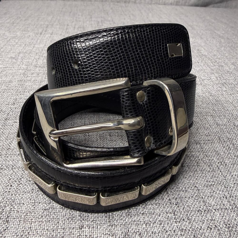 Vintage Nanni Milano Black Lizard Embossed Leather Heavy Metal Link Belt Italy